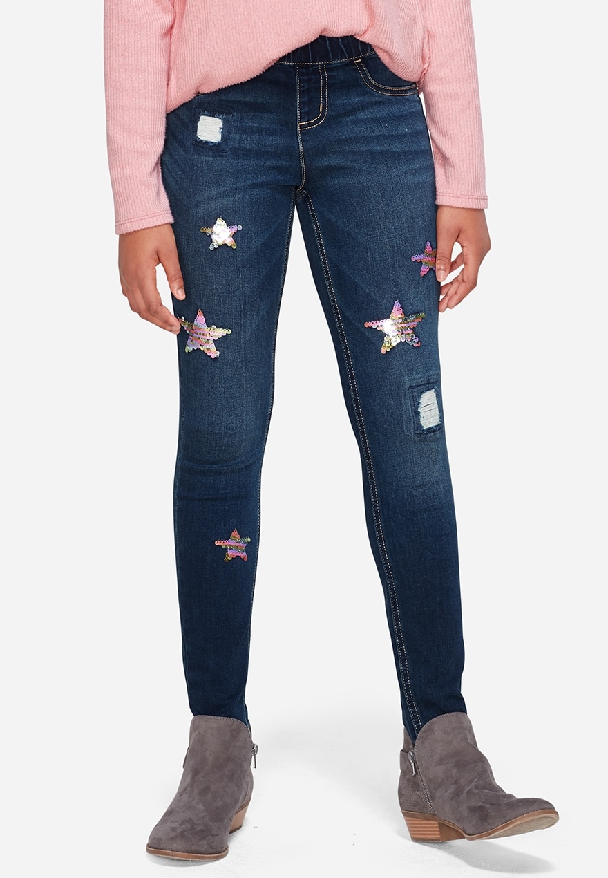 Flip sequin star pull on jean leggings