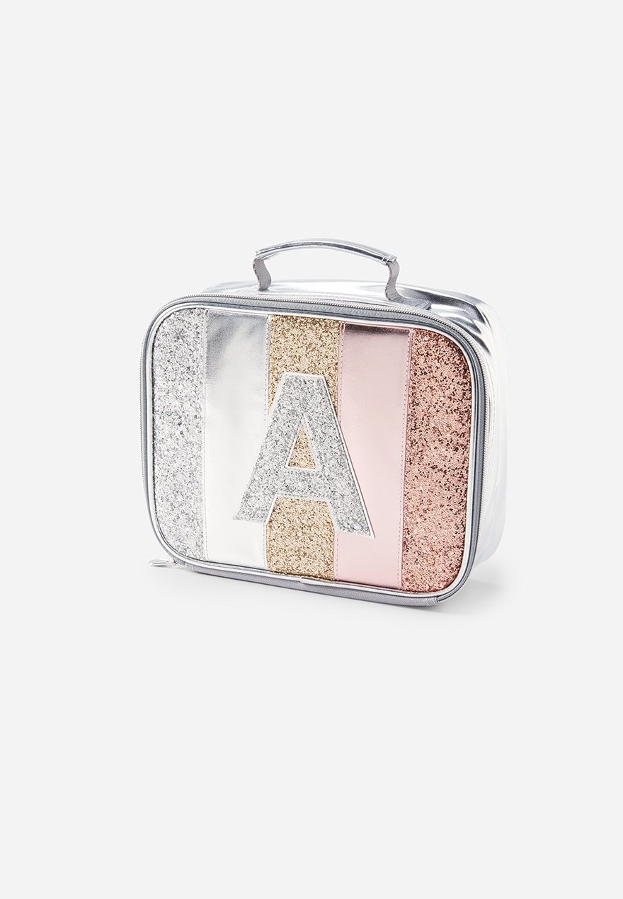 Glitter stripe initial lunch tote